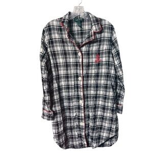 Lauren Ralph Lauren Black & White Cotton Flannel Plaid Button Down Sleep Shirt